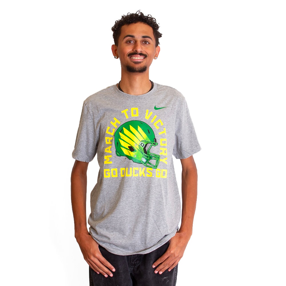 Go Ducks, Nike, Grey, Crew Neck, Cotton Blend, Men, Hyper Collection, Mighty Oregon, Helmet design, T-Shirt, 798796